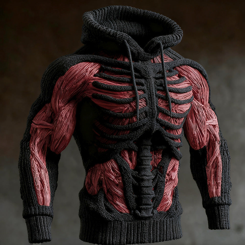 Black version of the knit hoodie, with the 3D skeleton ribs and spine set against red muscle-like knitted panels. 2