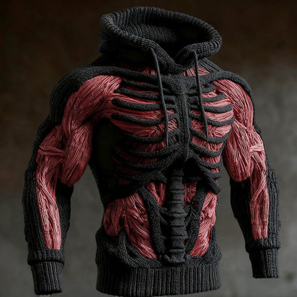 Black version of the knit hoodie, with the 3D skeleton ribs and spine set against red muscle-like knitted panels. 2