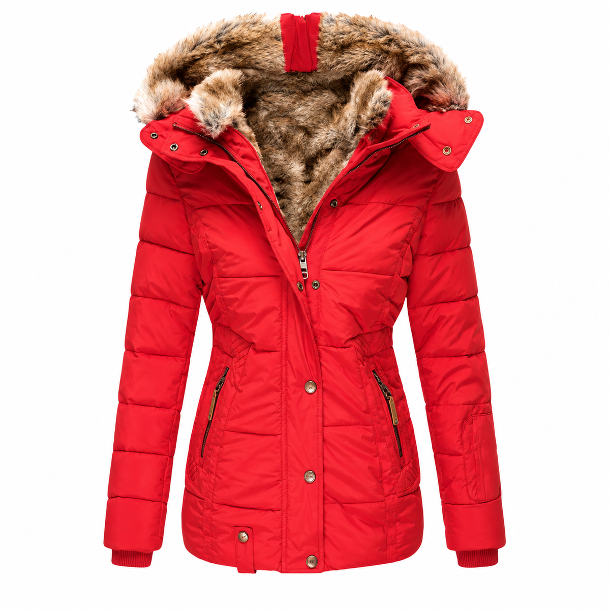 Bright red quilted parka with fur-lined hood and fitted waist, shown unworn on white 8