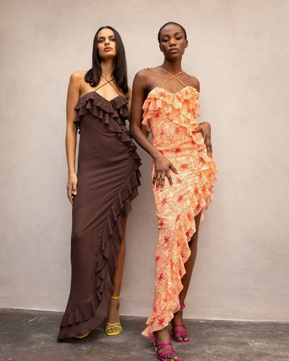 Chiffon maxi dress with frills and a cross-front neckline – Elenna