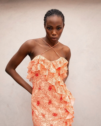 Chiffon maxi dress with frills and a cross-front neckline – Elenna