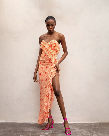 Chiffon maxi dress with frills and a cross-front neckline – Elenna