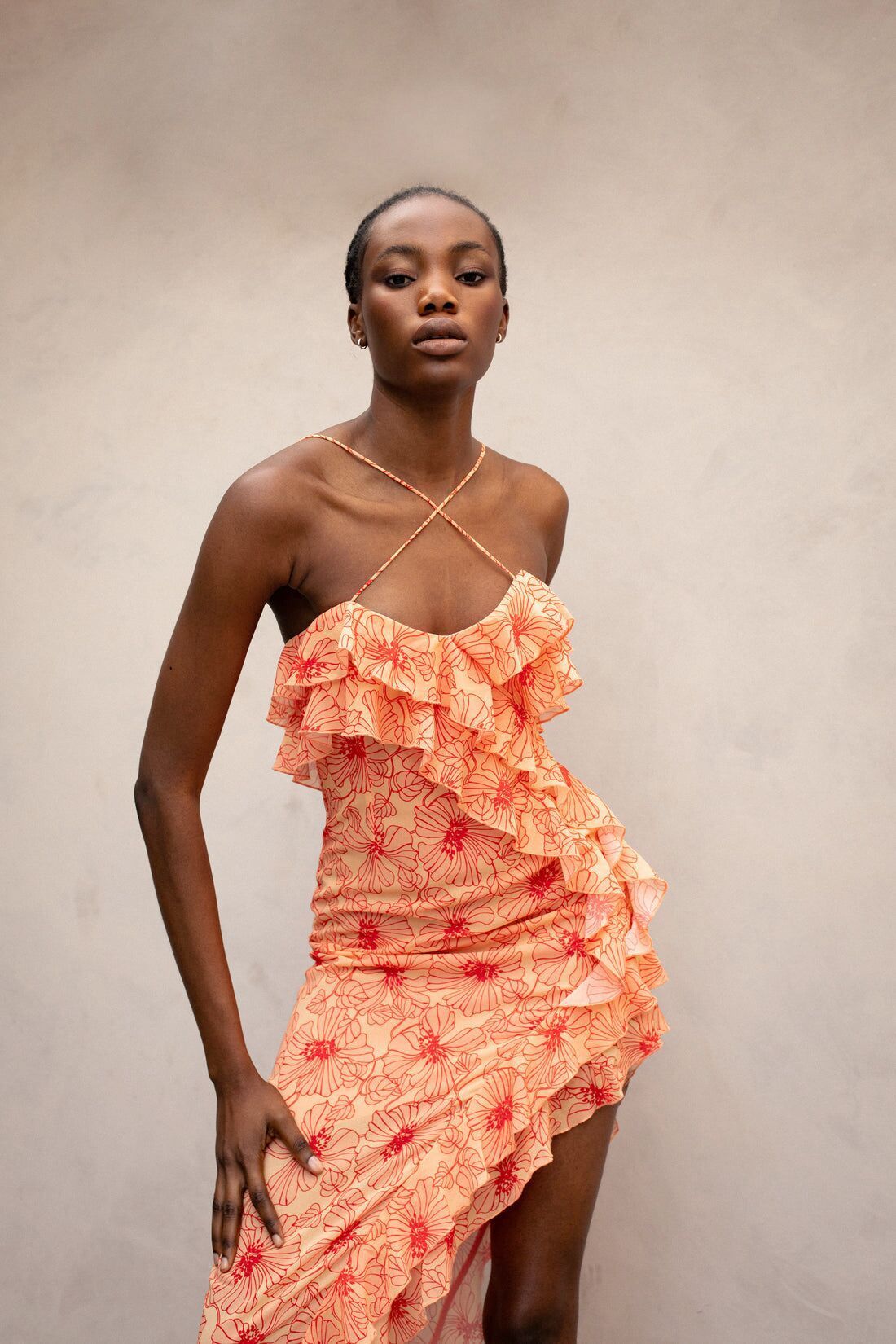 Chiffon maxi dress with frills and a cross-front neckline – Elenna