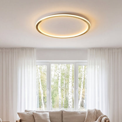 Illuminated gold ring light on the ceiling of a living room with sheer curtains and a sofa 3