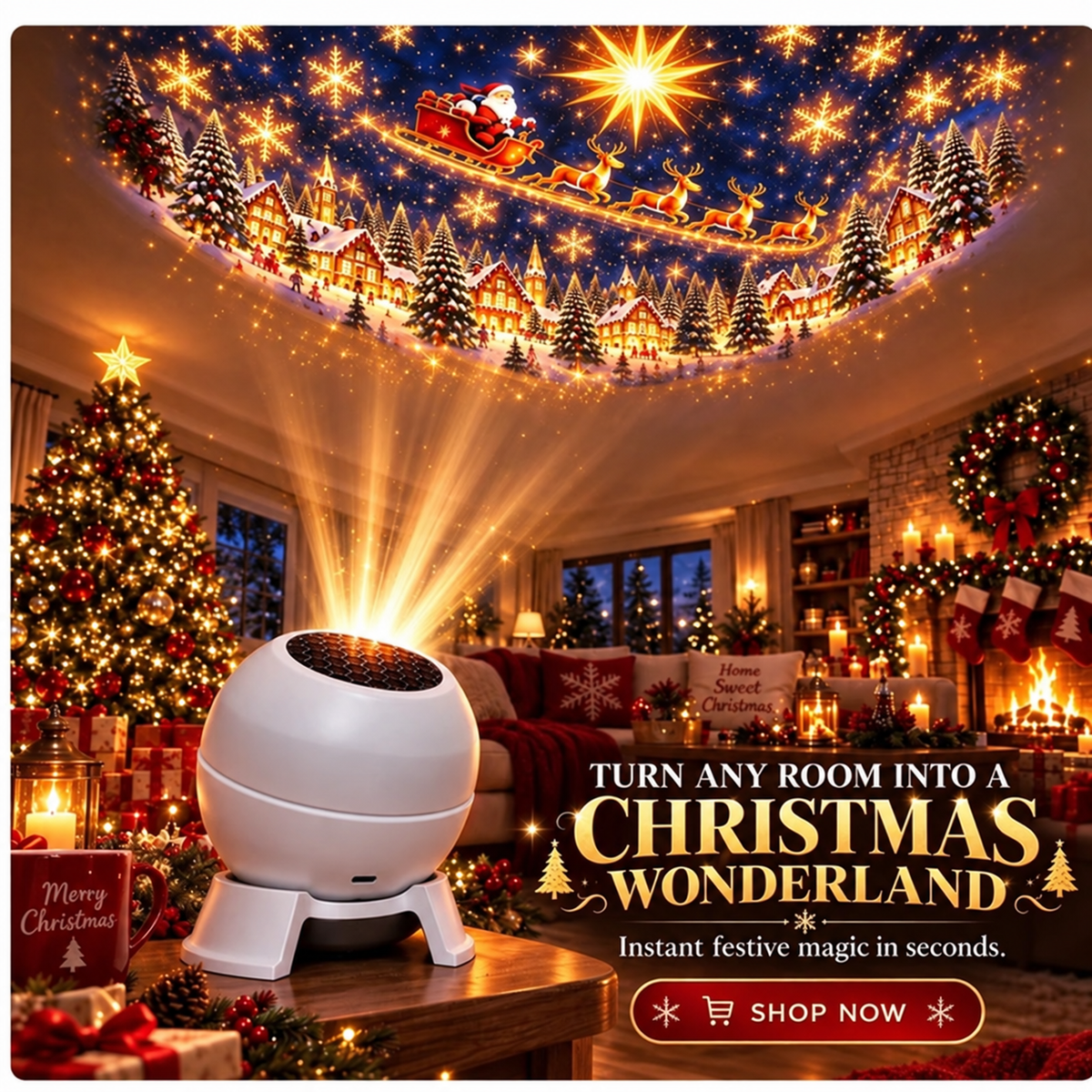 White spherical projector on a stand sending Santa's sleigh and a snowy village across the ceiling of a decorated living room. 1