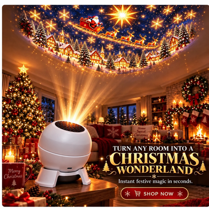 White spherical projector on a stand sending Santa's sleigh and a snowy village across the ceiling of a decorated living room. 1
