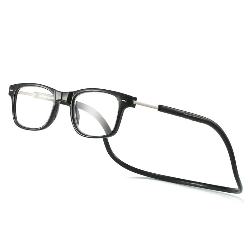 Reading glasses in a glossy black frame with a matching flexible neck cord, shown at an angle on white. 13