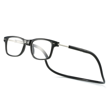 Reading glasses in a glossy black frame with a matching flexible neck cord, shown at an angle on white. 13
