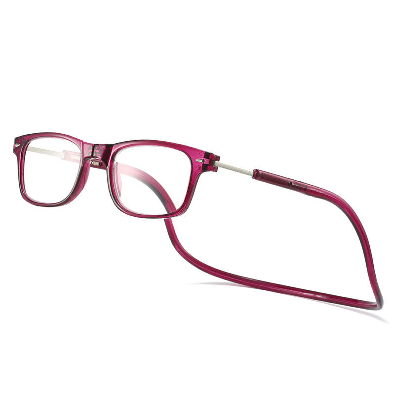 Reading glasses in a translucent magenta-pink frame with a matching neck cord, shown at an angle on white. 3