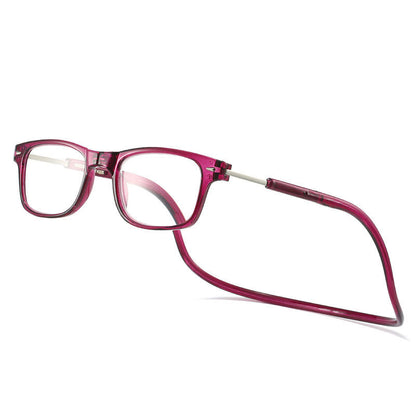 Reading glasses in a translucent magenta-pink frame with a matching neck cord, shown at an angle on white. 3