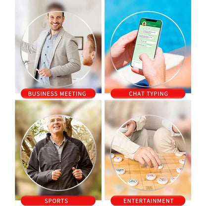 Four-panel collage of everyday uses: a business meeting, typing a chat message, jogging outdoors and playing a board game. 12