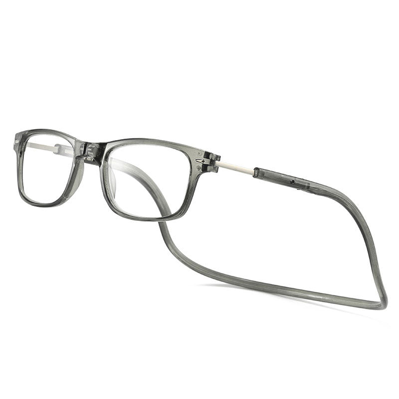Reading glasses in a translucent grey frame with a matching neck cord, shown at an angle on white. 6