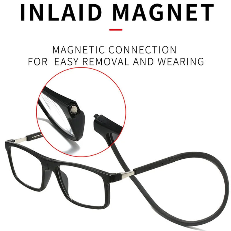 Black reading glasses with the neck cord detached and a circled close-up of the small round magnet in the frame end. 9