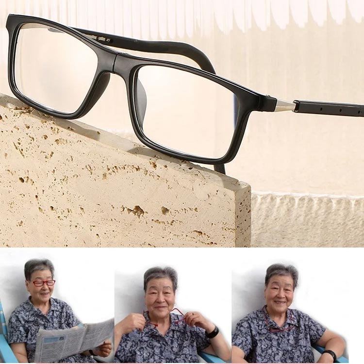 Black reading glasses resting on a stone block above three photos of an older woman wearing and holding the glasses while reading a newspaper. 11