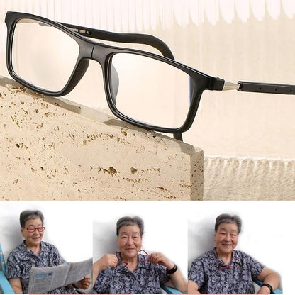 Black reading glasses resting on a stone block above three photos of an older woman wearing and holding the glasses while reading a newspaper. 11