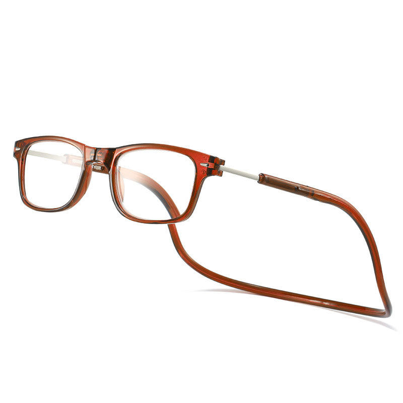 Reading glasses in a translucent reddish-brown frame with a matching neck cord, shown at an angle on white. 5