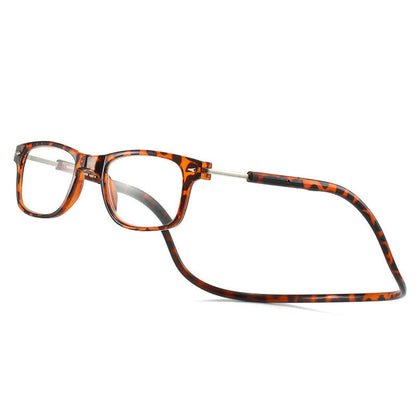 Reading glasses with a tortoiseshell-pattern frame and a flexible neck cord, shown at an angle against a white background. 2