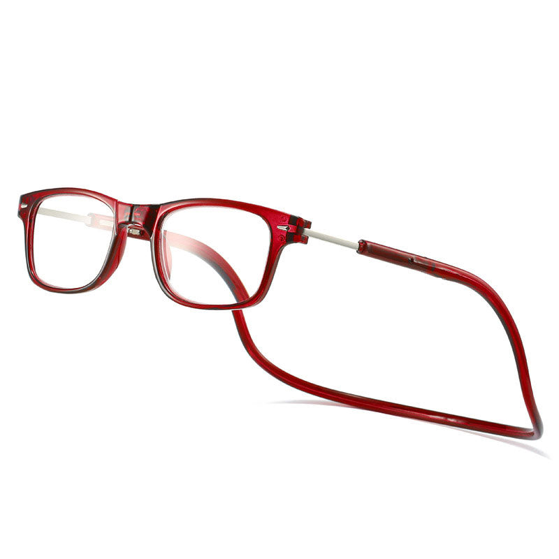 Reading glasses in a translucent dark red frame with a matching neck cord, shown at an angle on white. 4