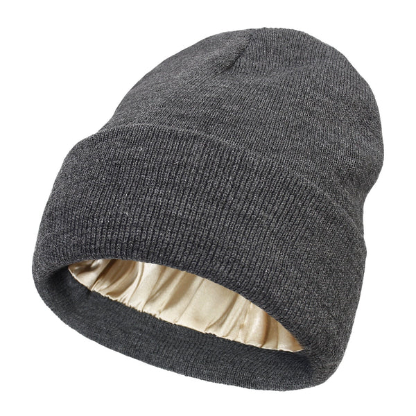 Dark grey ribbed knit beanie with turned-up cuff and cream satin lining inside 10