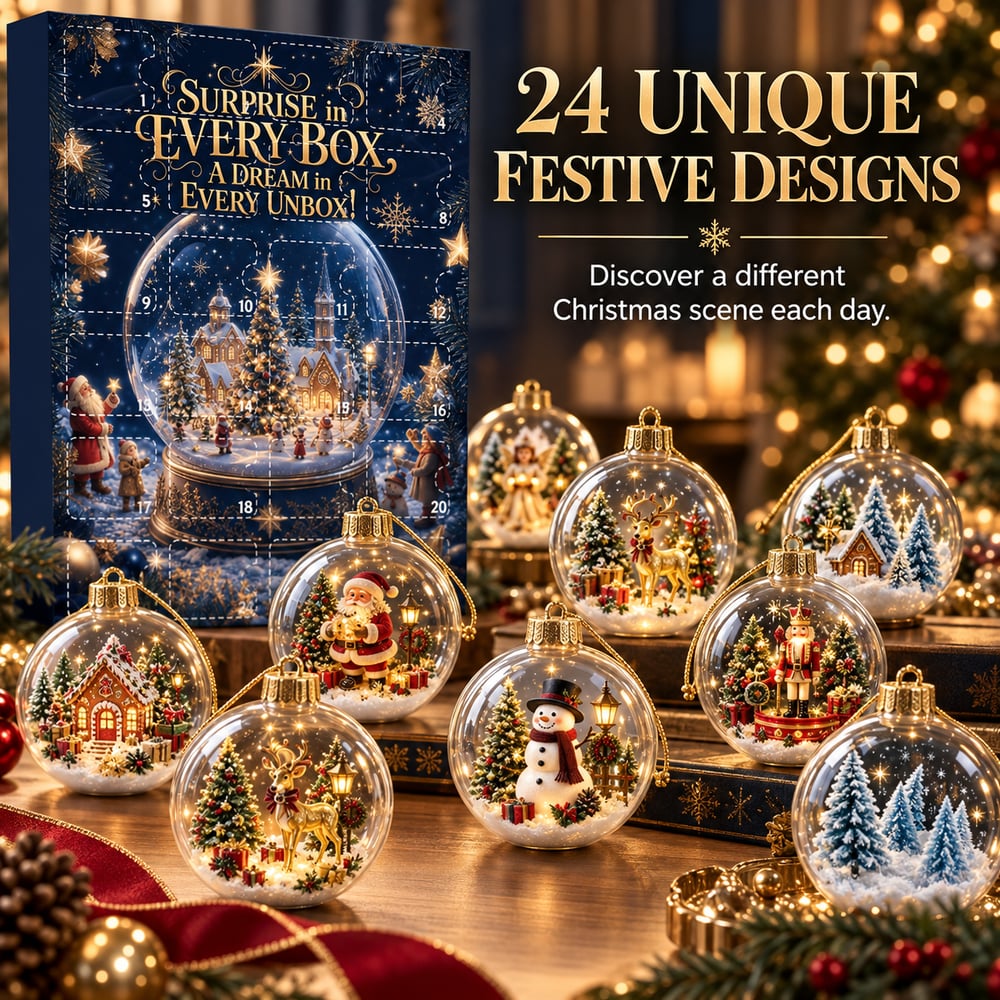 Navy snow globe advent box beside eight clear baubles with tiny Santa, snowman and nutcracker scenes 1