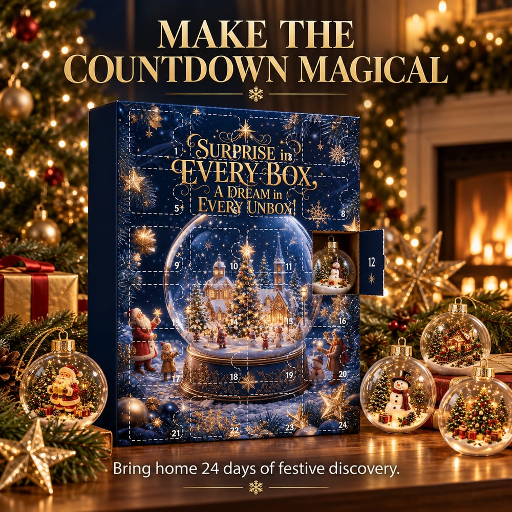 Advent box with door 12 open showing a snowman bauble, baubles and fireplace beside it 3