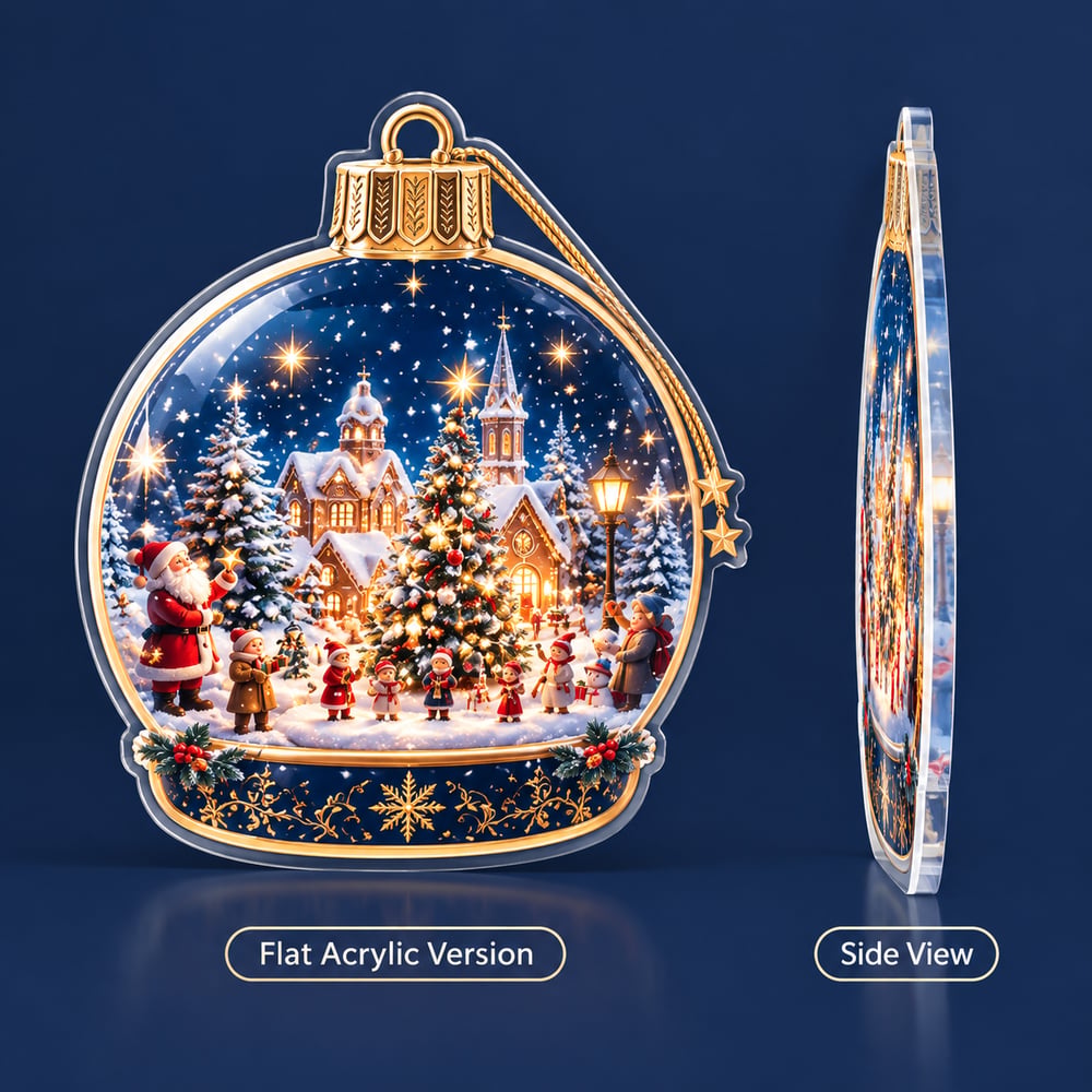Flat acrylic ornament with a snowy village scene and gold cap, shown front and side 4