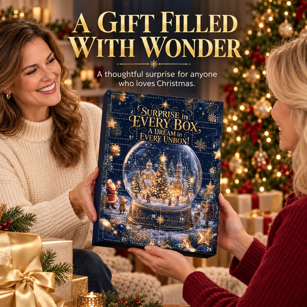 Two women hold up the navy advent box, passing it over as a Christmas gift 7