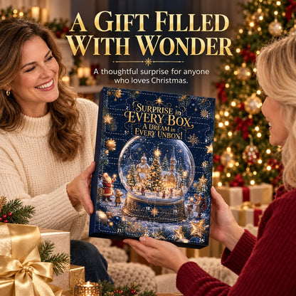 Two women hold up the navy advent box, passing it over as a Christmas gift 7