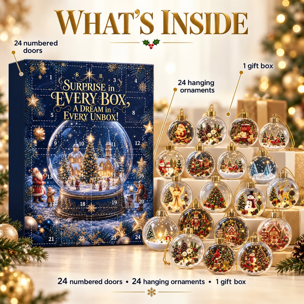 Advent box shown with its full set of clear hanging baubles, each with a different festive scene 8