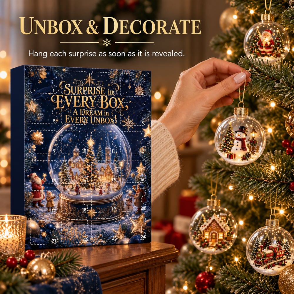Hand hangs a snowman bauble on a Christmas tree beside the advent box and other baubles 9