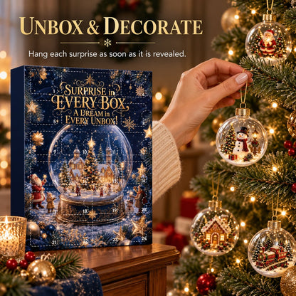 Hand hangs a snowman bauble on a Christmas tree beside the advent box and other baubles 9