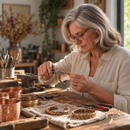 Woman in glasses twisting copper wire with pliers at a workbench, with finished twisted copper bracelets in front 5