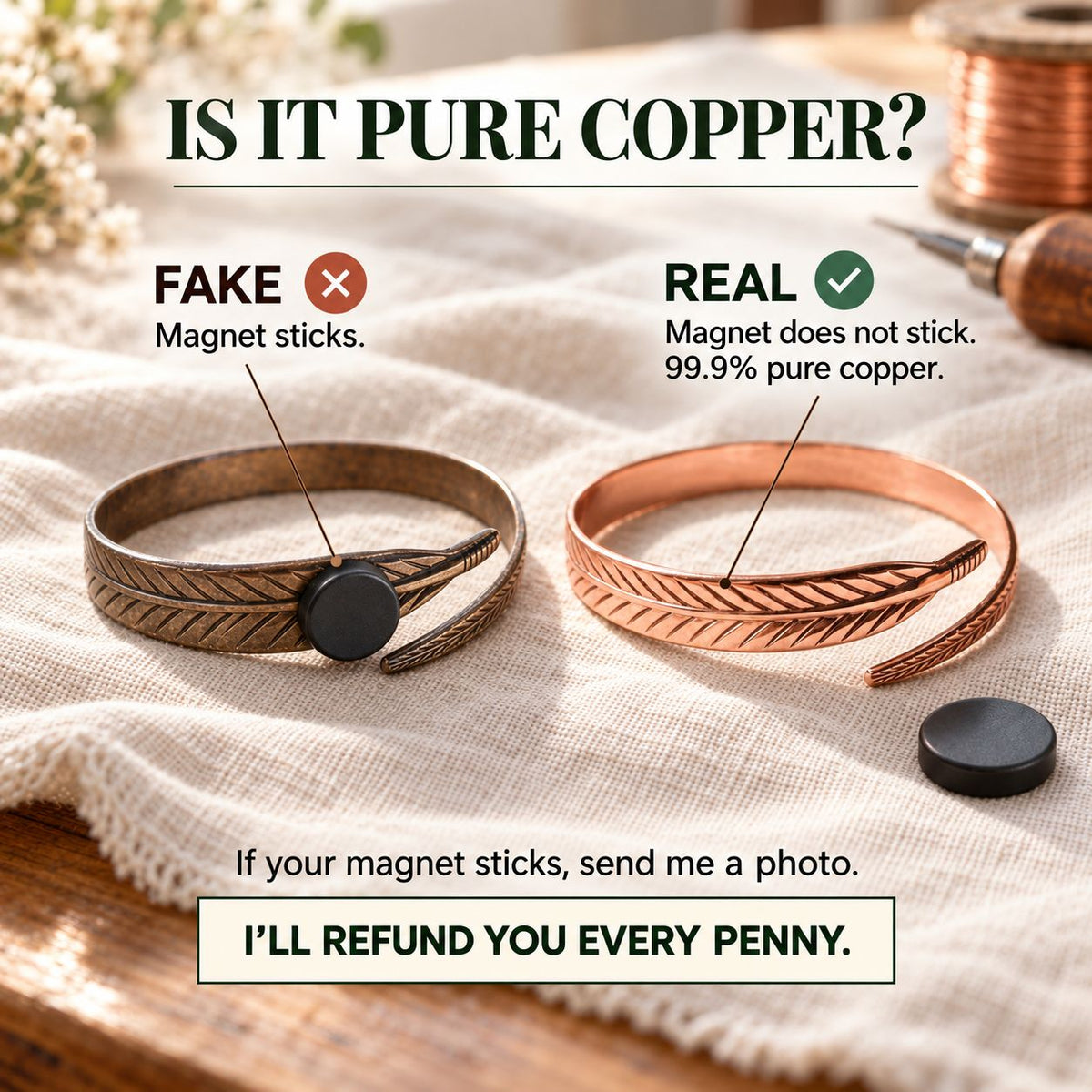 Comparison graphic of a dull bronze feather bracelet with a magnet stuck and a shiny copper one without 3