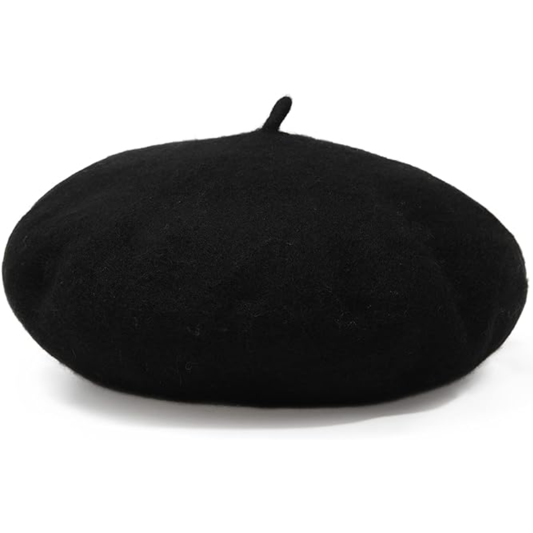 Black wool beret from the front, with a soft felted texture and small stalk 4