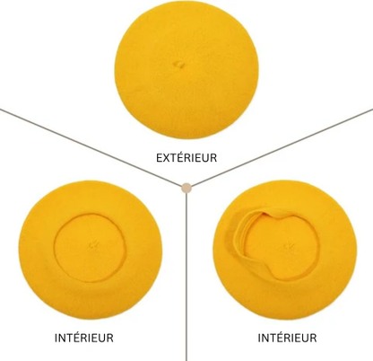 Yellow beret shown three ways: the outside from above and two views of the inside 12