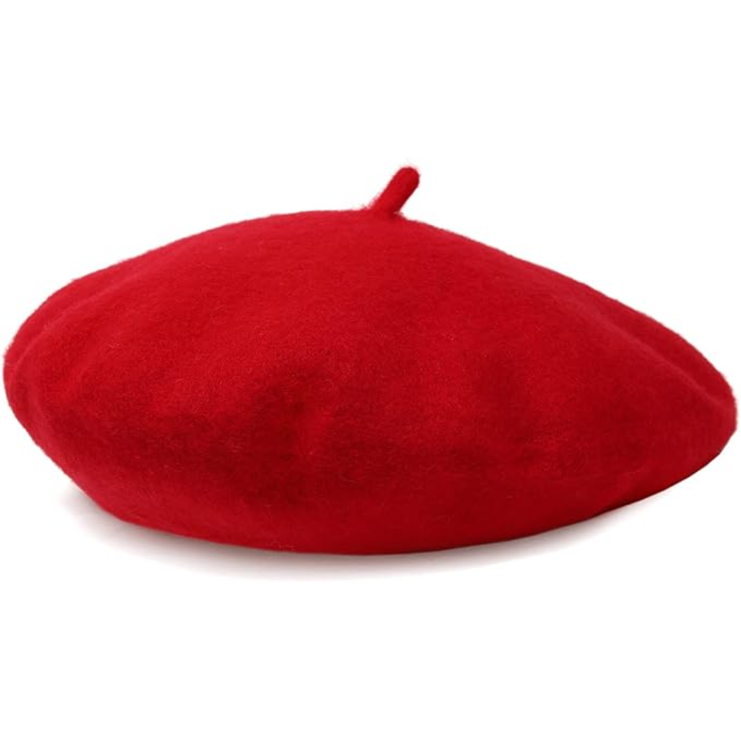 Bright red wool beret on a white background, with the short stalk on top 2