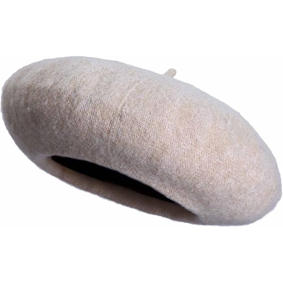 Beige wool beret tilted to show the dark inner lining and the soft fabric surface 10