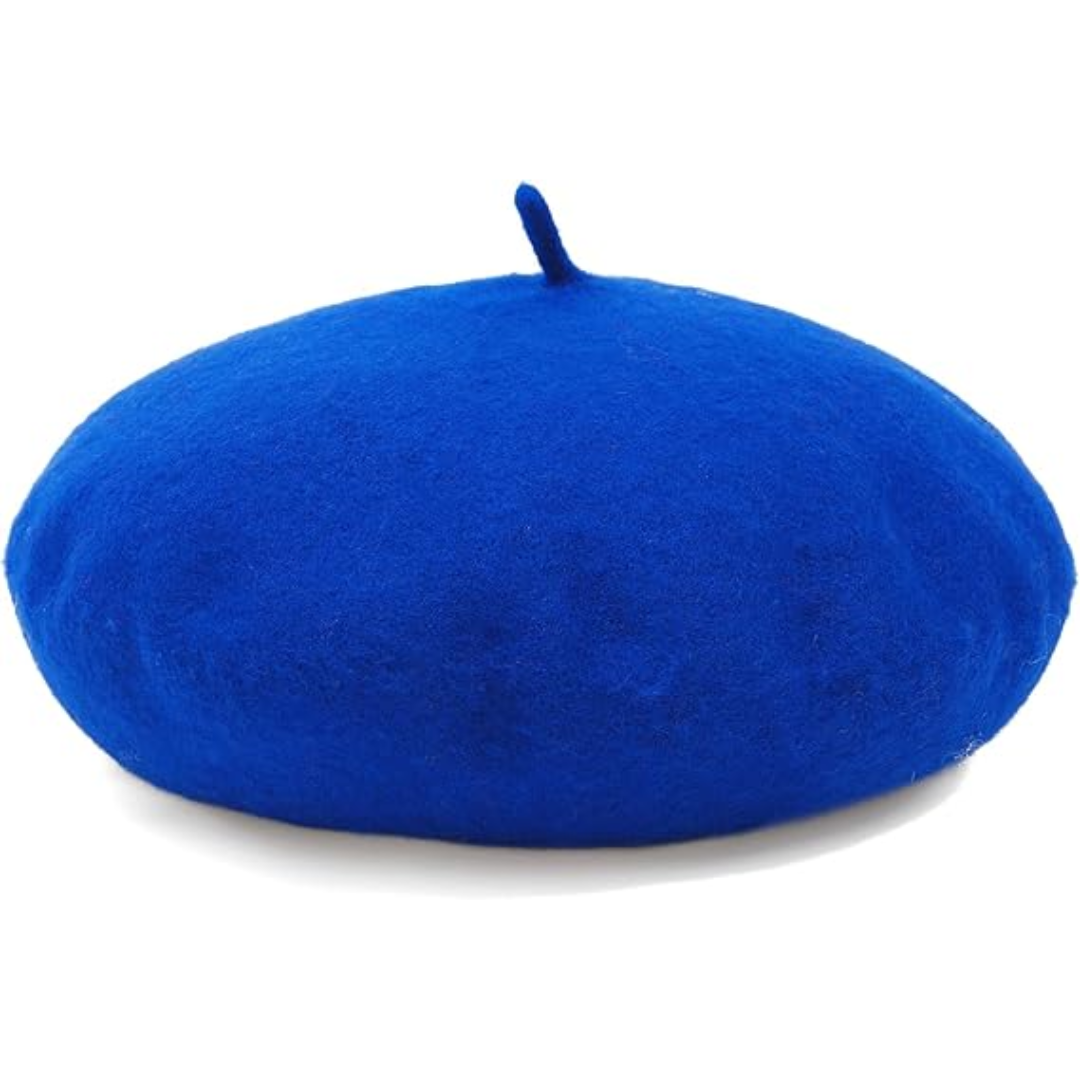 Royal blue wool beret on a plain white background, with its stalk curving upwards 5