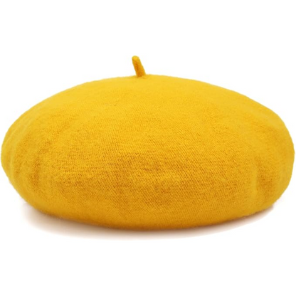 Mustard yellow wool beret shown from the front, with a small upright stalk 3