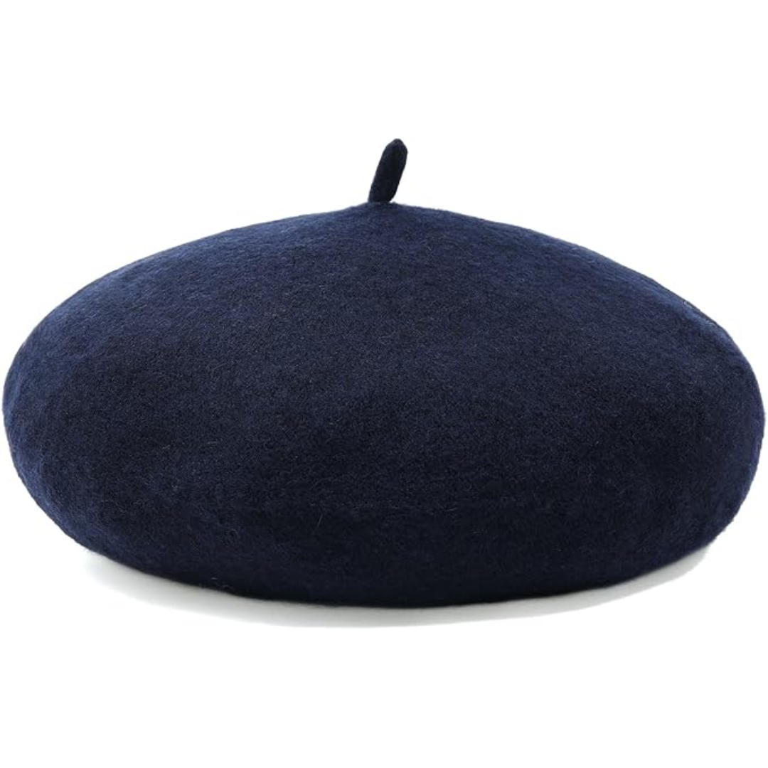 Navy blue wool beret from the front, with a small stalk on the crown 7