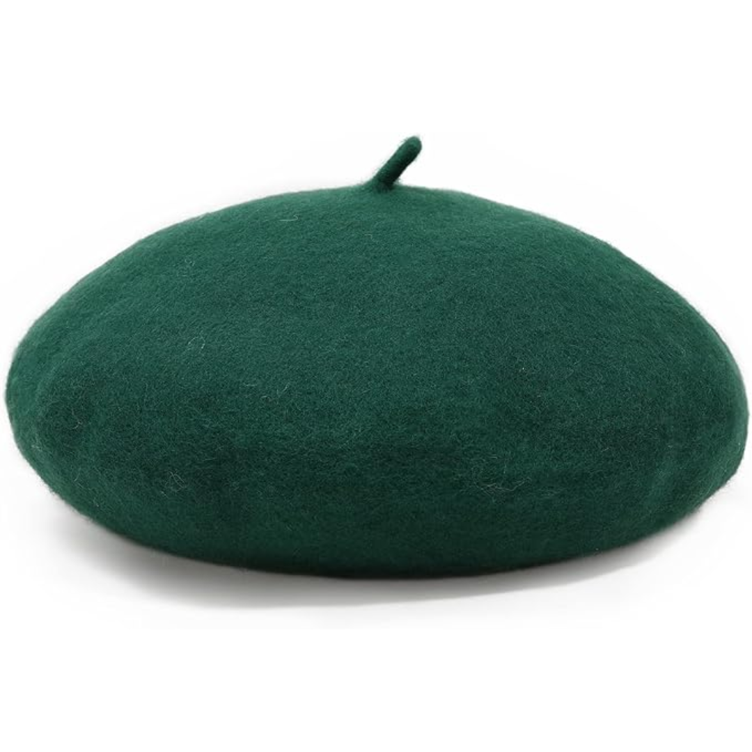 Dark green wool beret from the front, with a small curved stalk on top 9