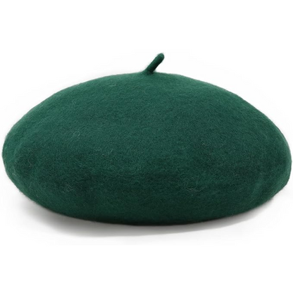 Dark green wool beret from the front, with a small curved stalk on top 9