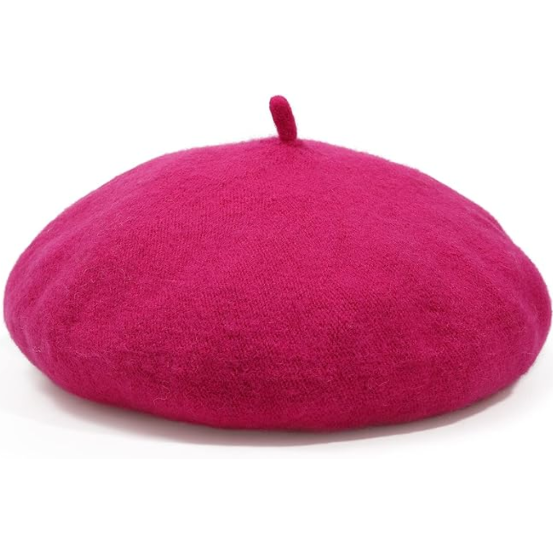 Deep fuchsia pink wool beret shown from the front with a short stalk 6
