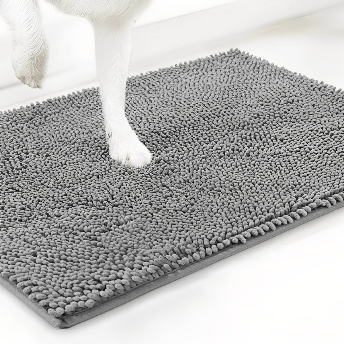 Light grey chenille mat with a white dog's paw stepping onto it, shown at an angle against a white background. 12