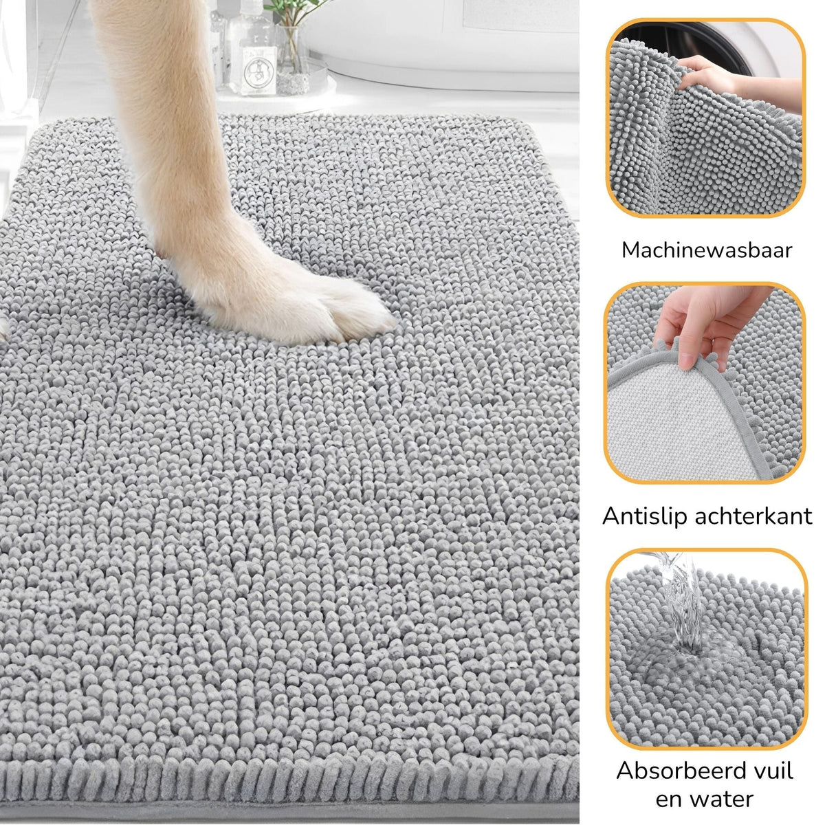 Grey chenille mat with a dog's paw pressed into the pile, plus three inset close-ups of washing, backing and water absorption. 4
