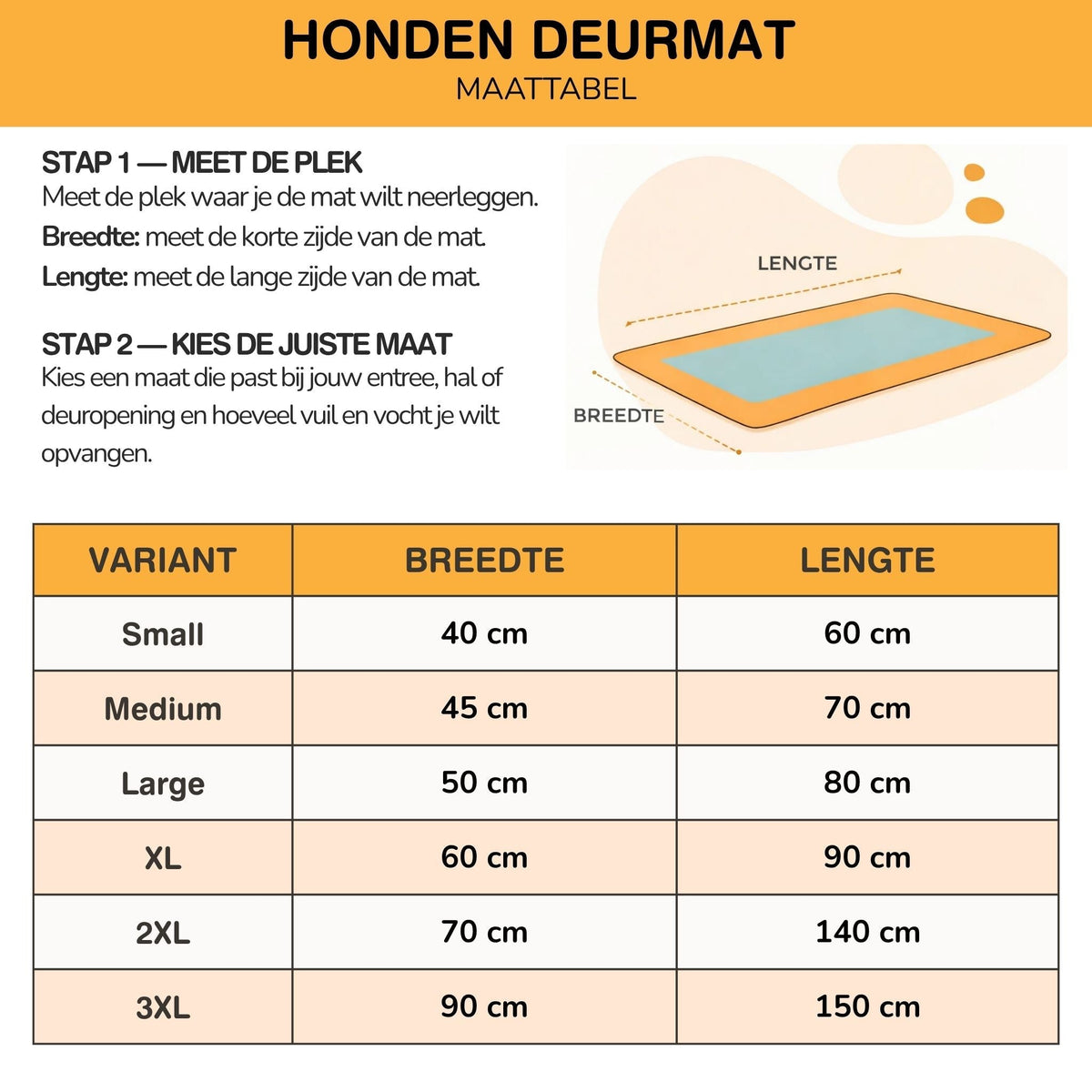 Size chart with measuring diagram for the door mat, listing six sizes from small to 3XL with width and length in centimetres. 9