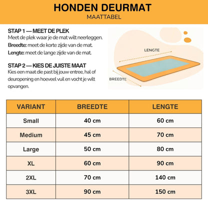 Size chart with measuring diagram for the door mat, listing six sizes from small to 3XL with width and length in centimetres. 9