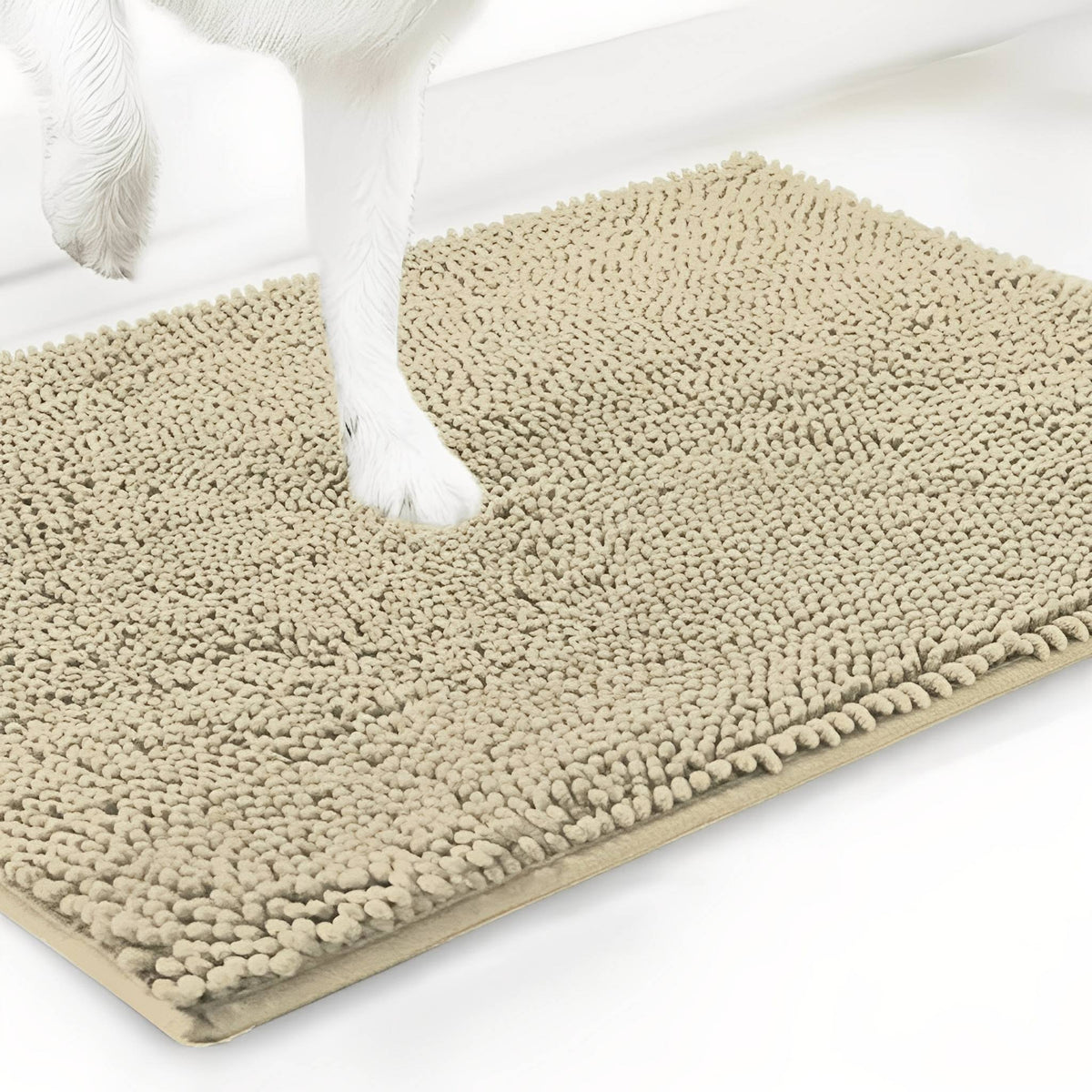Beige chenille mat shown at an angle with a white dog's paw resting on the pile, on a white background. 13
