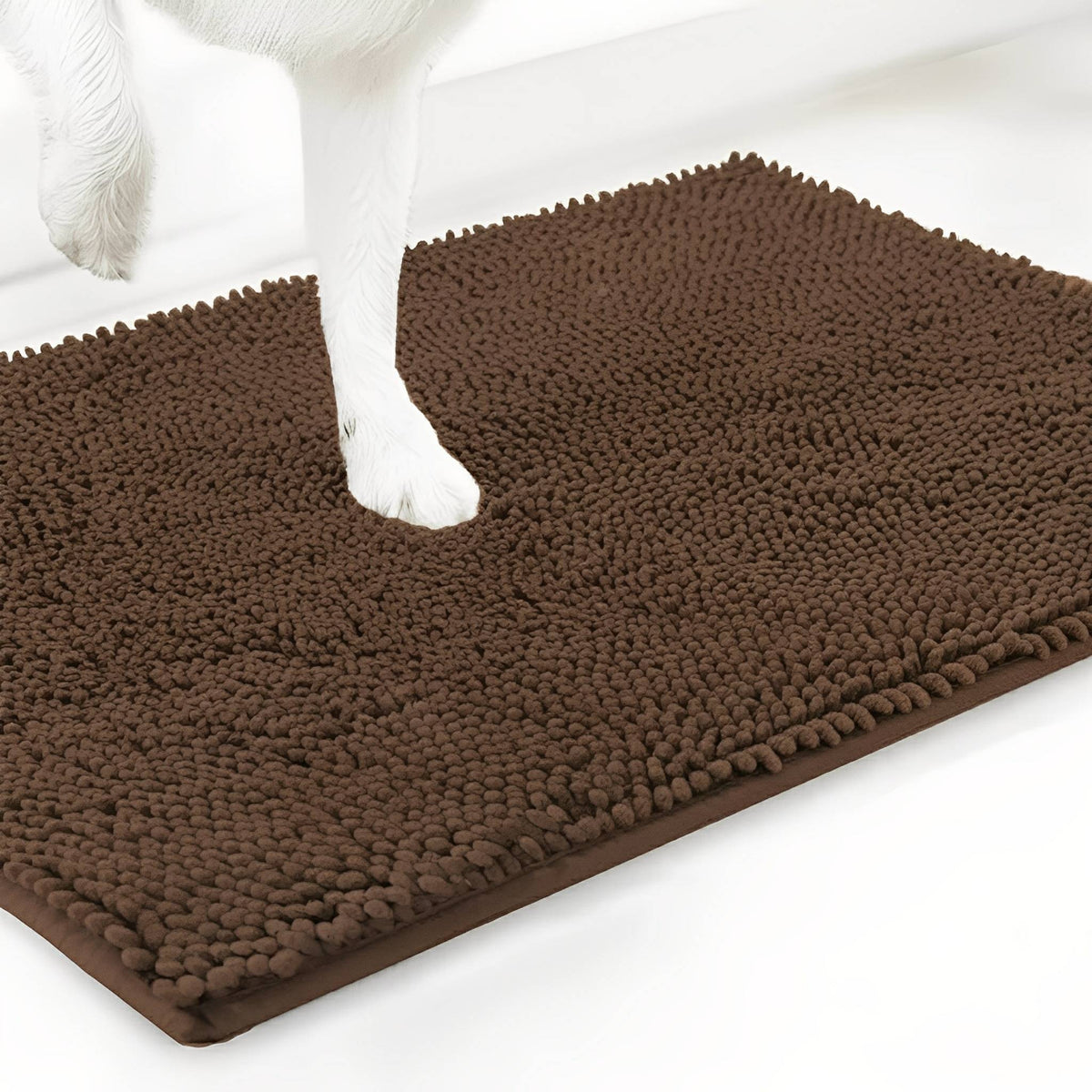 Chocolate brown chenille mat shown at an angle with a white dog's paw resting on the pile, on a white background. 18