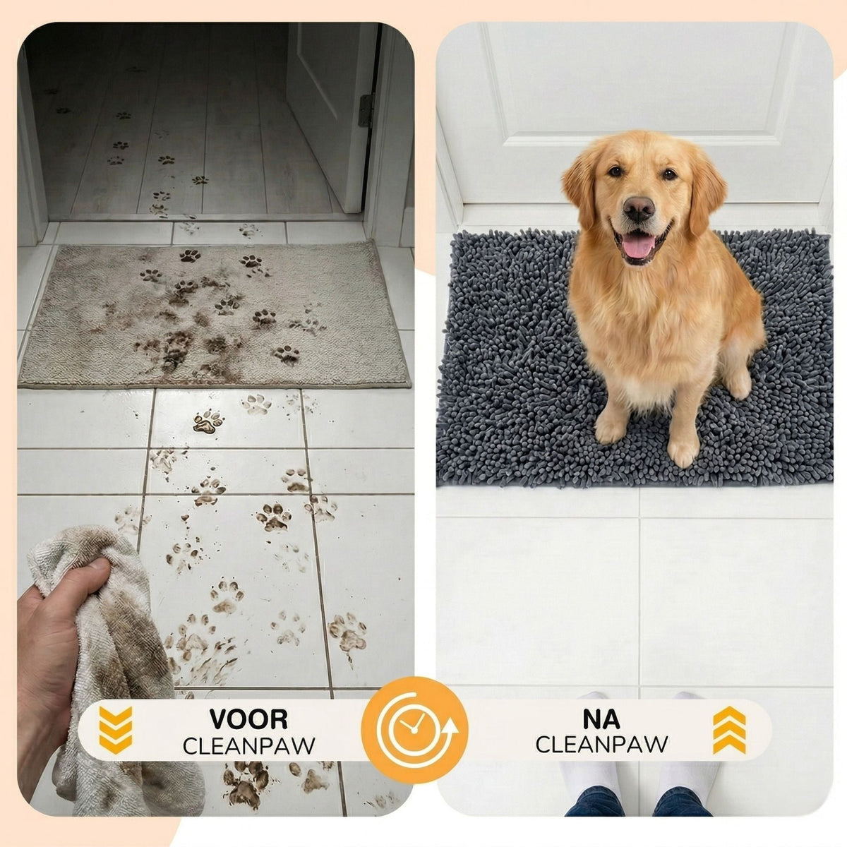 Before-and-after comparison: muddy paw prints across a tiled floor on the left, a clean tiled floor with a dog on the grey mat on the right. 6